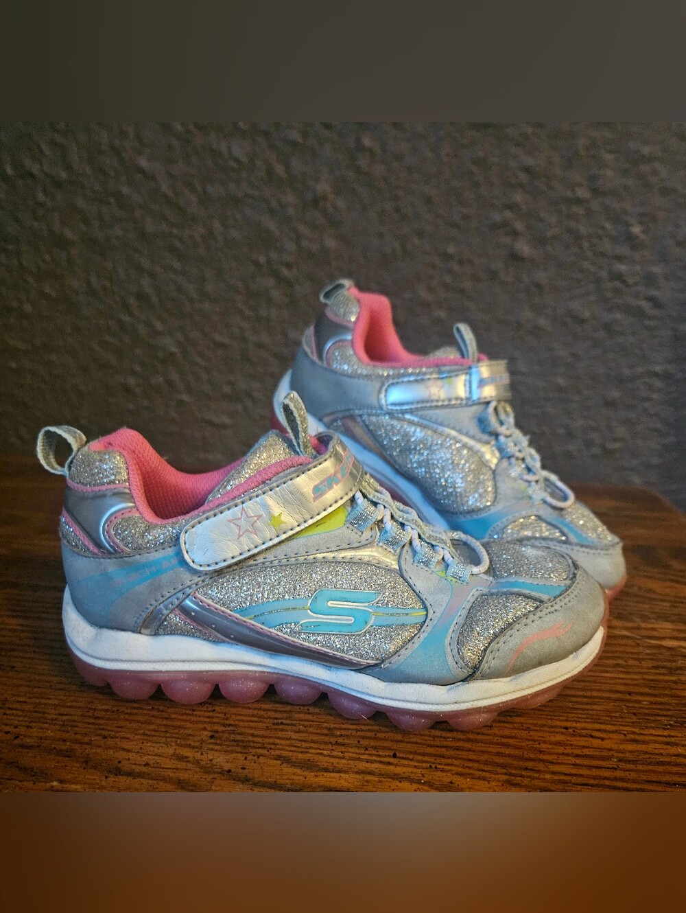Skechers Silver Glitter Sneakers with Pink Lining and Blue Logo